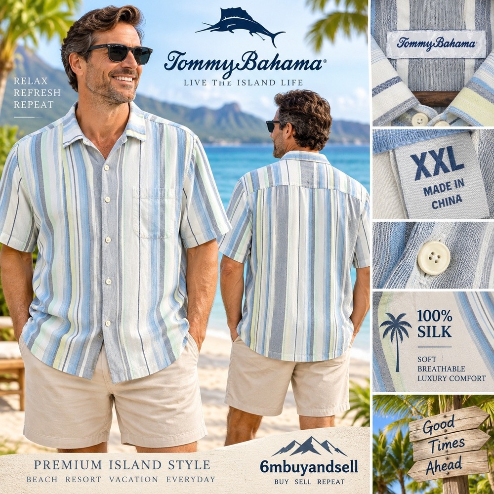Tommy Bahama Mens XXL Blue Green Striped 100% Silk Short Sleeve Button Down